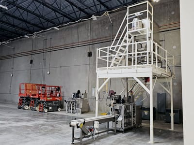 Elevated access platform with guardrail and ladder built over a conveyor and feed hopper, tied into the collector structure behind it.