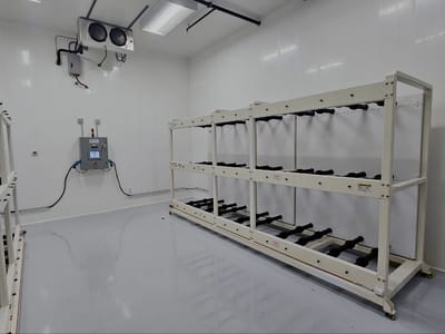 Finished priming room interior with white steel roller racks on a coved epoxy floor, a control panel on the wall, and coved insulated panel walls.